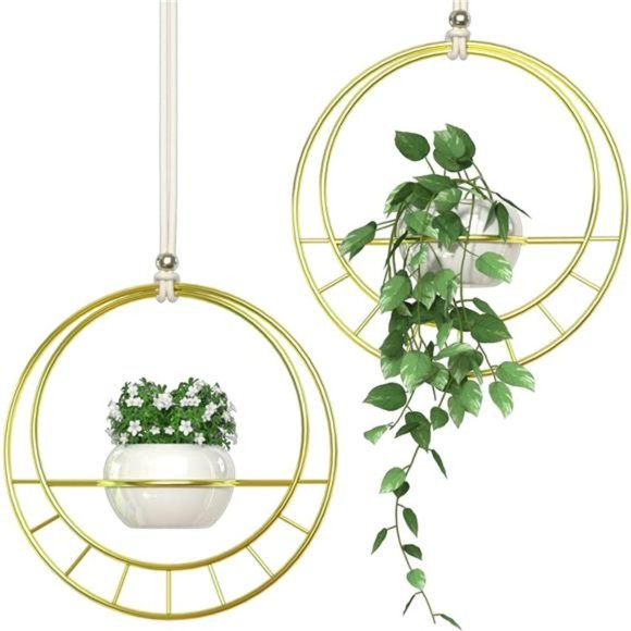 Gold Hanging Window Planters for Indoor Plants Set of 2, Ceiling Wall Windowsill - Picture 1 of 7